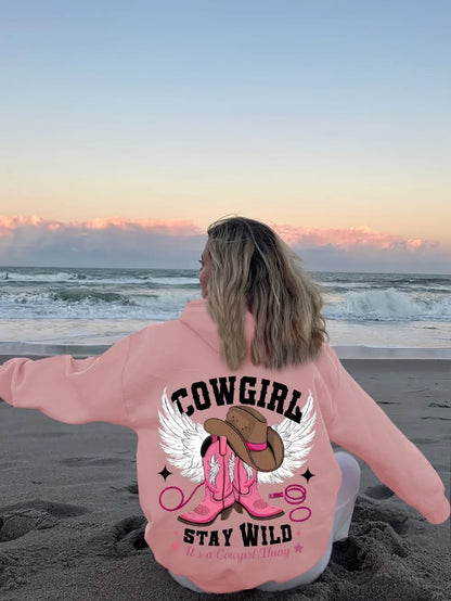 Sweat à capuche western chic pour femme – Pull doux et extensible à manches longues avec capuche brodée d'un chapeau et de bottes de cowboy