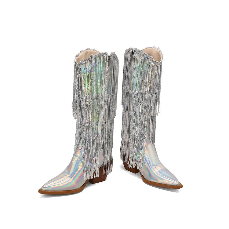 Bottes western à sequins et pompons, noires et argentées, courtes, en peluche, automne/hiver, talon de 6,5 cm, style bohème, hauteur genou, pointures 36 a 46.