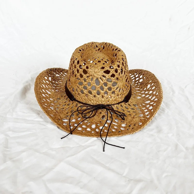 Ethnic Style Western Cowboy Straw Hats Women Handmade Hollowed Sun Hats Shapeable Beach Hat Panama with Detachable Chin Strap