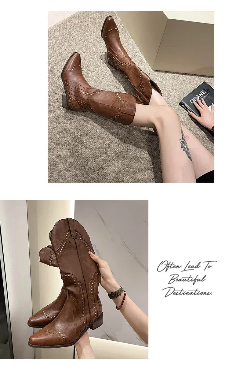2025 New Women's Boots Low Heel Cowboy Western Short Leather Knee High Luxury Designer Gothic New Rock Shoes Vintage