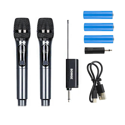 BOMGE Microphone à main sans fil, système de micro dynamique double sans fil avec récepteur Rechargeable 1800MAh pour karaoké
