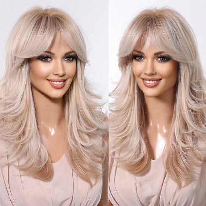 Brown Blonde Ombre Synthetic Wigs for Women Medium Length Wavy Layered Wigs With Side Bangs Daily Party Heat Resistant Fake Hair