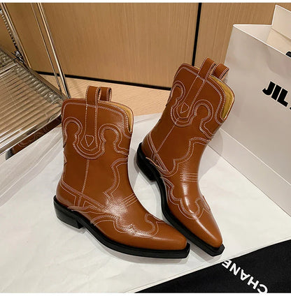 Bottes de cowboy Western Ods pour femmes en cuir véritable brodé, bout pointu, mi-mollet, style rétro, décontractées, de haute qualité