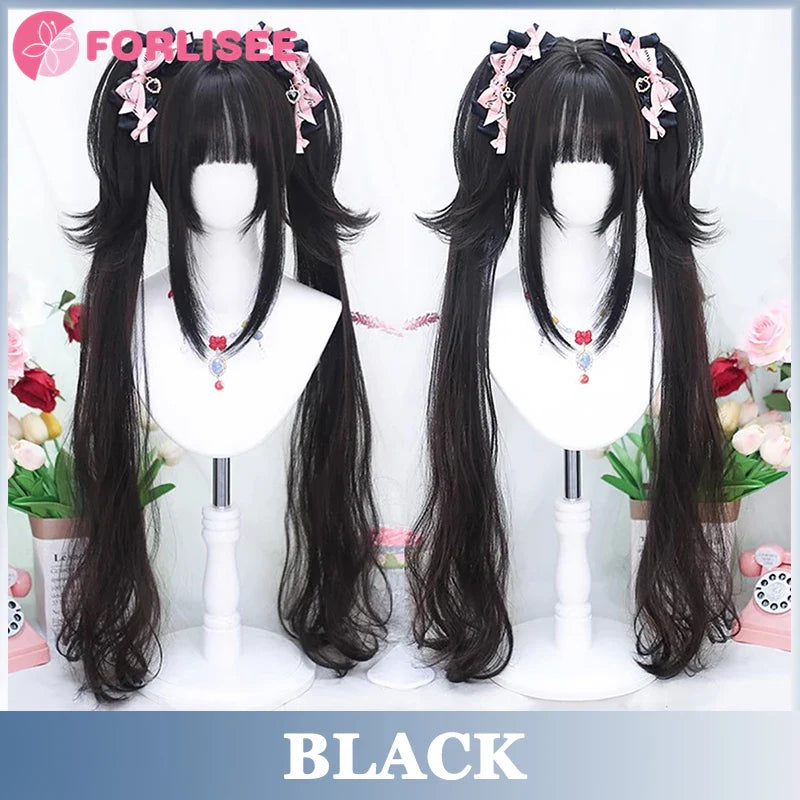 Pink Blonde Highlights Long Wavy Wig Synthetic Colorful Lolita Cosplay Hair Wigs with Bangs for Women Heat Resistant Daily Use