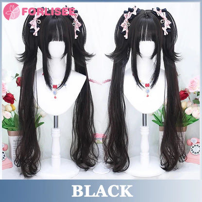 Pink Blonde Highlights Long Wavy Wig Synthetic Colorful Lolita Cosplay Hair Wigs with Bangs for Women Heat Resistant Daily Use