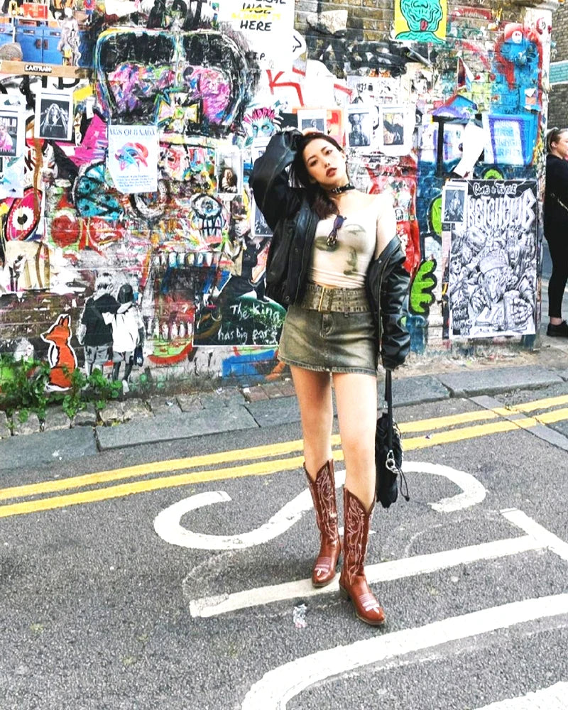 Women's boots genuine leather embroidery knee-length western cowboy boots high heels retro all-match knight fashion boots