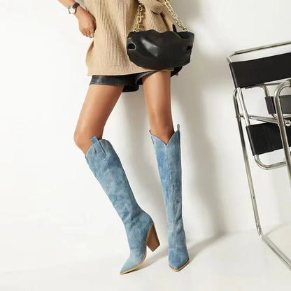 Women's Boots Denim Western Boots Autumn Winter Knee Thigh High Boots High Heel Long Boot Pointed Toe Slip on  Women Cowboy Boot