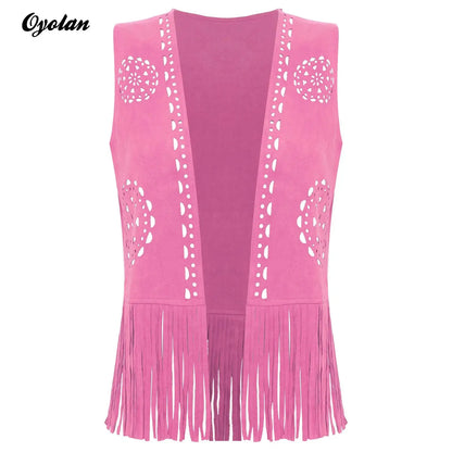 Women's 70s Disco Hippie Cowgirl Tassel Faux Suede Vest Tank Top