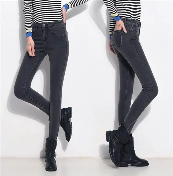 WinterFleece-Lined Thickened High-Waisted Jeans Women's Korean Style Black Slimming Trousers Student Elastic Long Pants