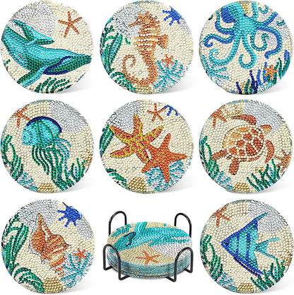6Pcs DIY Diamond Painting Coasters Mandala Flowers 5D Full Drill Diamond Art Non Slip Coasters with Holder Ideal Christmas Gift