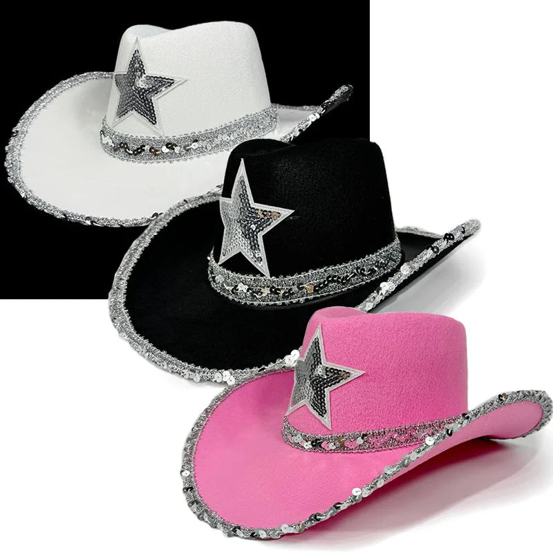 Chapeau de Cowboy Rose pour Femmes Filles Chapeau Western à Large Bord Chapeau à Paillettes Scintillantes pour Spectacle Costume de Cowgirl pour Fête de Mariage