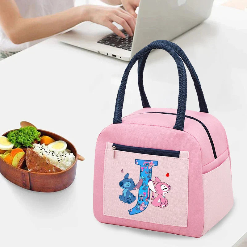 Anime Stitch High-capacity Lunch Bag Cartoon Letter A-Z Printed Insulated Box Picnic Portable Food Keep Fresh Handbag Bento Bags