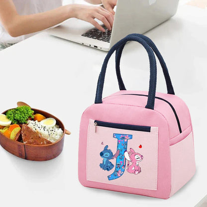 Anime Stitch High-capacity Lunch Bag Cartoon Letter A-Z Printed Insulated Box Picnic Portable Food Keep Fresh Handbag Bento Bags