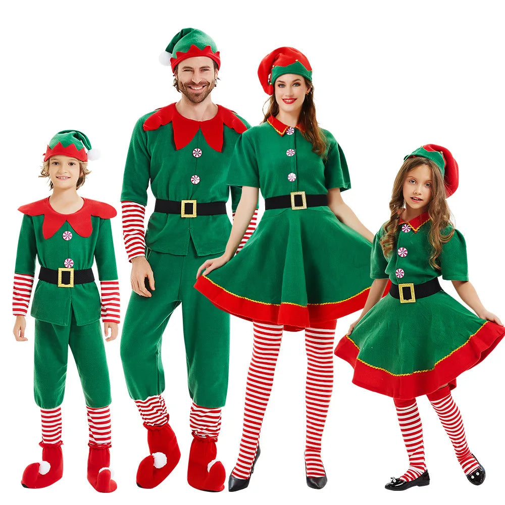 Children and adults Christmas elf costumes, Santa Claus costume sets, green elves, Halloween cosplay in 2026,