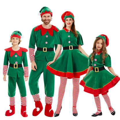 Children and adults Christmas elf costumes, Santa Claus costume sets, green elves, Halloween cosplay in 2026,