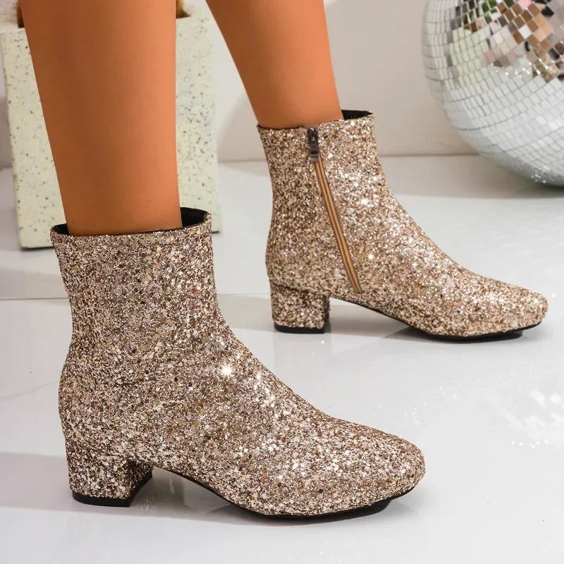 Bottes à paillettes et sequins pour femmes, avec fermeture éclair, talons épais, bottines à bout rond, chaussures de soirée pour femmes