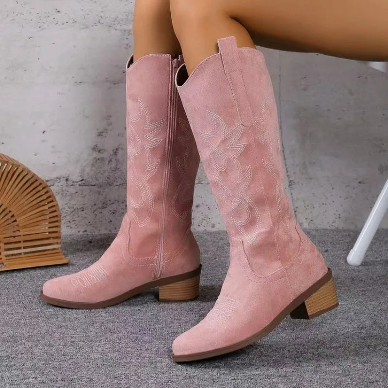 Bottes de Cowboy occidentales brodées pour femmes, bout pointu, talon épais, bottes hautes aux genoux, amples, en cuir PU, longues, automne