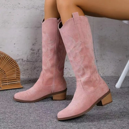 Bottes de Cowboy occidentales brodées pour femmes, bout pointu, talon épais, bottes hautes aux genoux, amples, en cuir PU, longues, automne