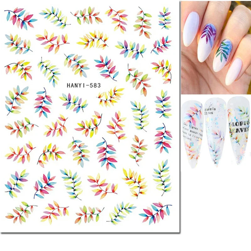 Autocollants 3D pour ongles Hiver Automne Feuilles dorées Roses Rouges Fleurs Décalcomanies pour la décoration des ongles Salon de manucure Beauté