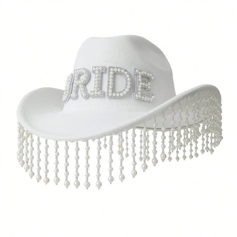 Cowgirl Hat for Bride Elegant Fringed Bead Hat Masquerade Party Letter Bride Hat Dropshipping