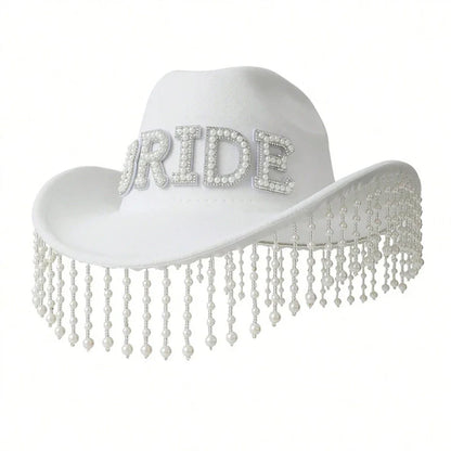 Cowgirl Hat for Bride Elegant Fringed Bead Hat Masquerade Party Letter Bride Hat Dropshipping