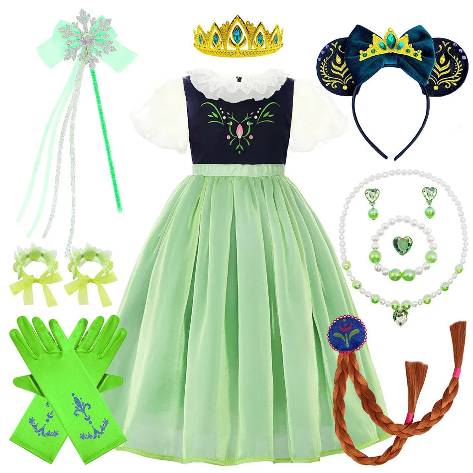 Robe de princesse de cosplay Anna pour filles, costume en maille à manches lanternes, pour fête d'anniversaire, carnaval, Halloween, robe de bal pour enfants