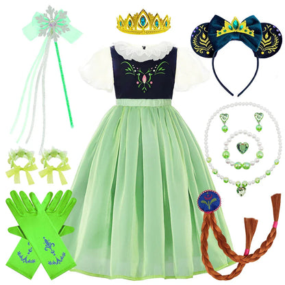 Robe de princesse de cosplay Anna pour filles, costume en maille à manches lanternes, pour fête d'anniversaire, carnaval, Halloween, robe de bal pour enfants