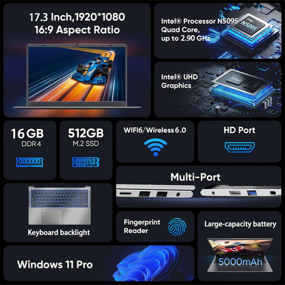 ACEKAMAS 17.3 inch Laptop Computer Intel N5095 Windows 11 Pro Fingerprint Office Laptops 16GB DDR4 1TB SSD Portable Notebook PC