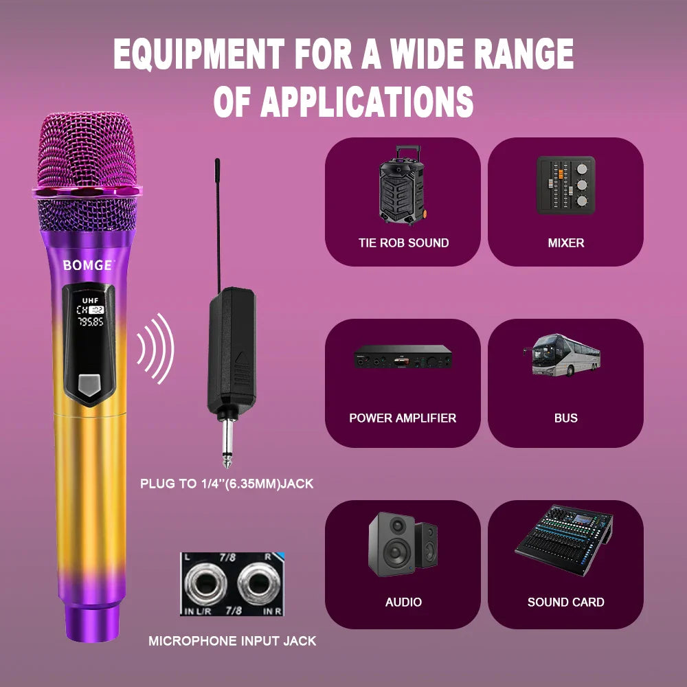 Professional 2 Channel DJ Karaoke Wireless Microphone System With Colorful purple mic Wireless Rechargable Receiver for Party DJ