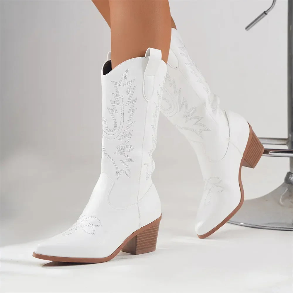 Plus size 43 High Quality Block Heels Mid-calf White Cowboy Boots Women Vintage Country Concert Western Boots Shoes