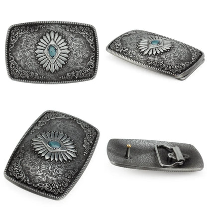 Ceinture classique en cuir véritable avec boucle émail saphir et motif floral sculpté en argent pour femmes et hommes, cadeau