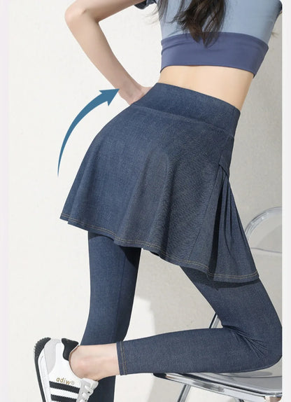Women Cowboy Yoga Shark Skirts Pants Fake Two Piece Set Phone Pocket Sport Gym Running Leggings Tennis Outdoor Cycling Pants