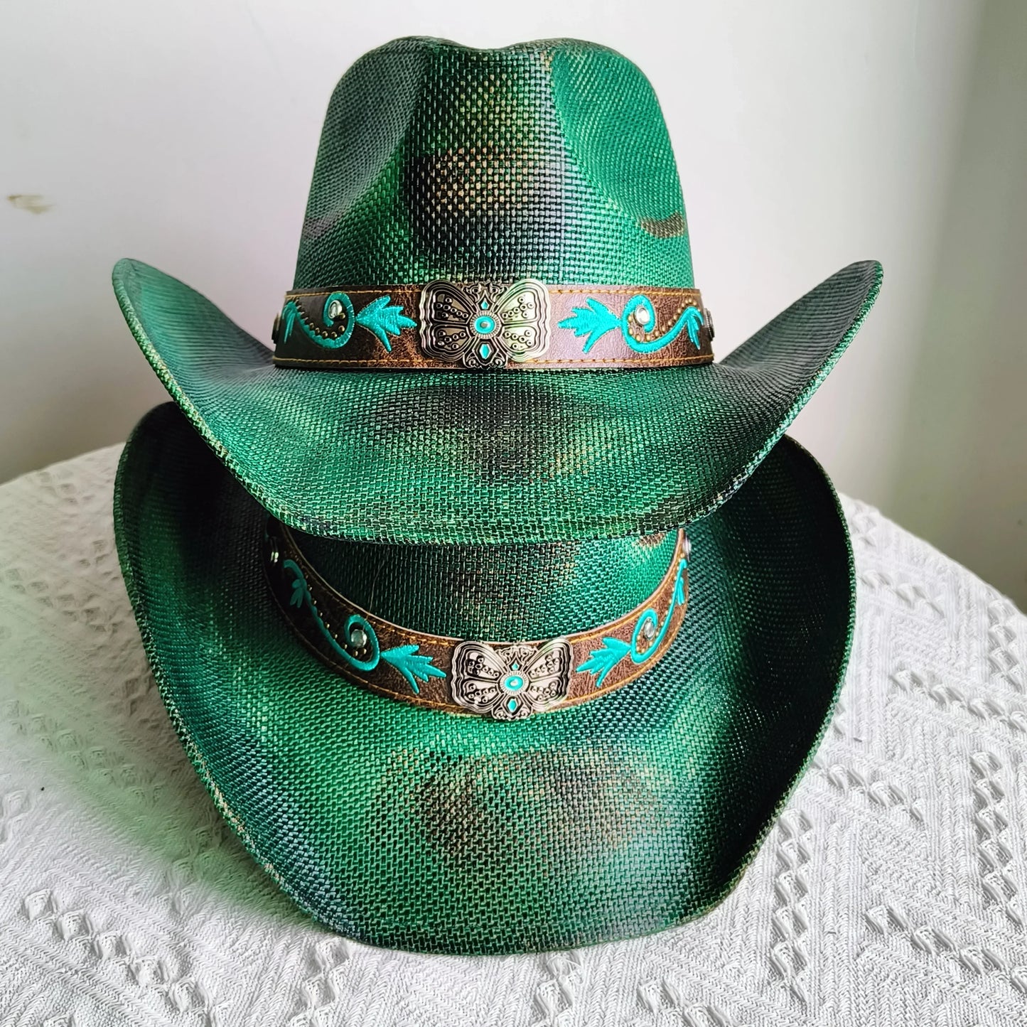 Hand-painted Western Cowboy hat Bronze green hat for men women Large Brim stiff straw hat summer sombrero vaquero hombreковбойс
