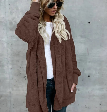 Winter Double Fleece Cardigan Jacket Autumn Women Solid Color Long Sleeve Plush Warm Hooded Lady Jacket Oversized Outerwear Coat
