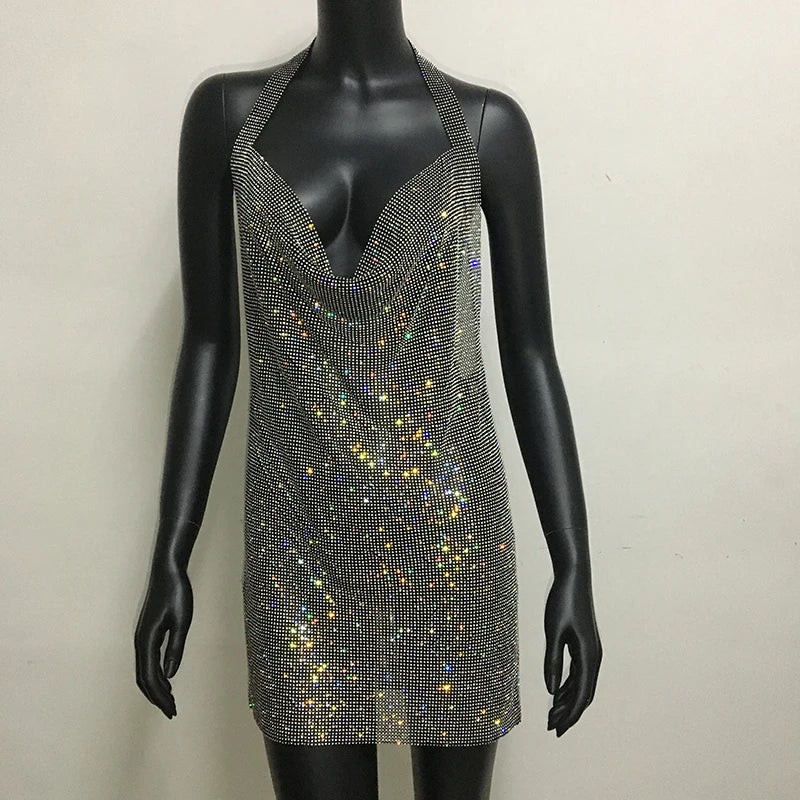 Robe de soirée sexy pour femme Bling Diamante, en cristal et strass, dos nu, pour festival, cocktail, soirée, rave.