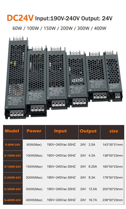 Transformateur d'éclairage LED, pilote 12V/24V, Source d'alimentation silencieuse 60W 100W 200W 300W 400W 190-240V, adaptateur convertisseur de bande LED