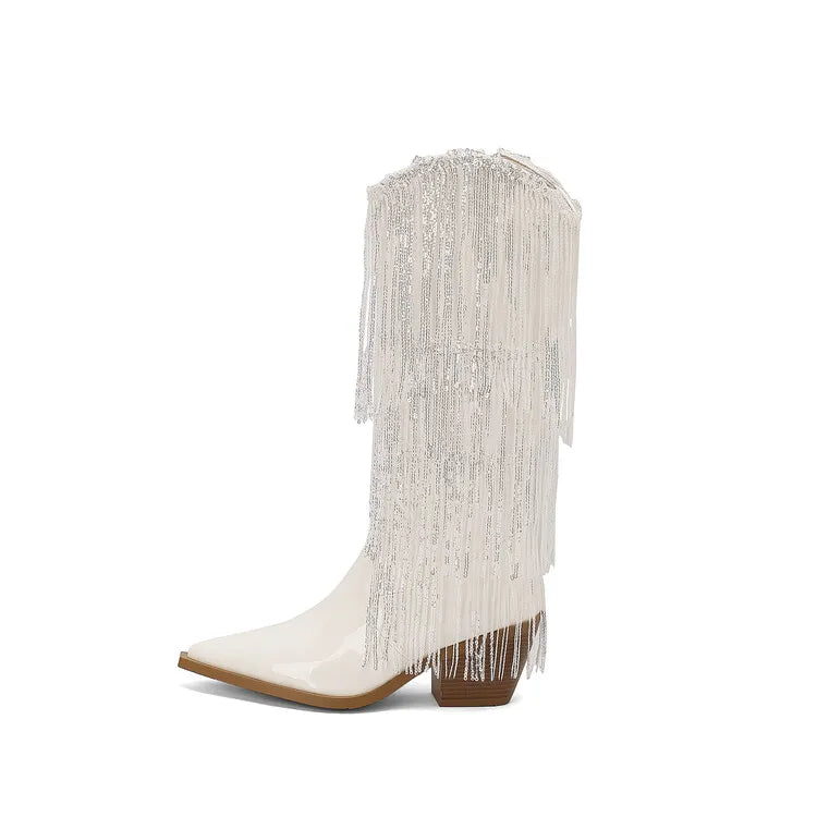 Bottes western à sequins et pompons, noires et argentées, courtes, en peluche, automne/hiver, talon de 6,5 cm, style bohème, hauteur genou, pointures 36 a 46.