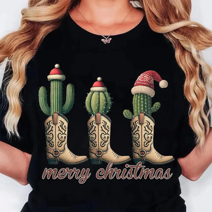 Bottes chemises de noël Western Cowgirl vacances t-shirt décontracté à manches courtes haut vêtements pour femmes dessin animé Streetwear Y2k vêtements