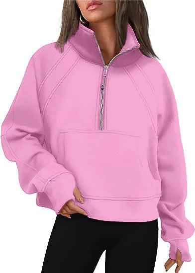 Sweat-shirt à col montant pour femme, sweat à capuche pour document solide, manches longues, poche adt, demi-fermeture éclair, pull sportif, haut streetwear, printemps, automne