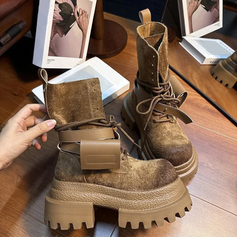 Bottes de Cowboy à grande tête en détresse, mode rétro, bottes de chevalier montantes de Style moto haut de gamme, bottes à semelles épaisses pour filles et femmes