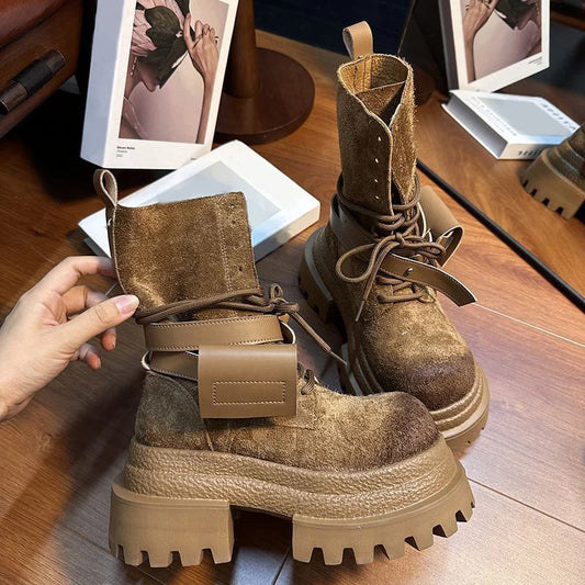 Bottes de Cowboy à grande tête en détresse, mode rétro, bottes de chevalier montantes de Style moto haut de gamme, bottes à semelles épaisses pour filles et femmes