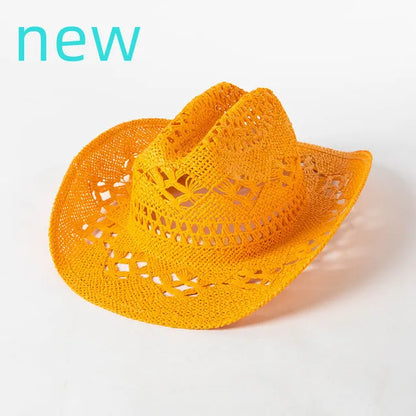 Chapeau de paille de cowboy vert matcha, tissé à la main, creux, pour hommes et femmes, chapeau de soleil d'été, chapeau de paille de cowboy occidental