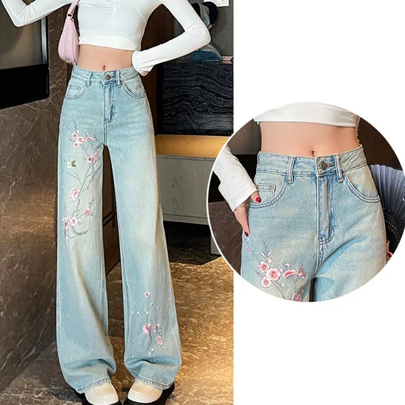 French pink flower embroidered jeans women spring and autumn new high waist fashion slim wide-leg pants embroidered straight