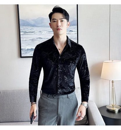 Men's Long Sleeve Velvet Flower Shirt New Luxury Printed Business Casual  Dress Shirts Formal Social Party Turn Down Collar Tops