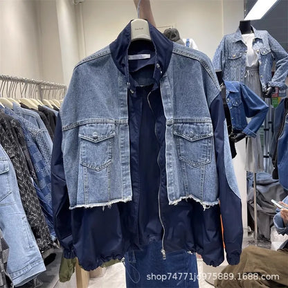 Women Patchwork Denim Bomber Jacket Spring Autumn Fake Two Piece Loose Drawstring Waist Patchwork Jean Coat Cowboy Cardigan Tops