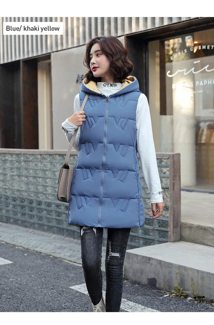 Double Side Vest Korean Slim Hooded Down Cotton Vest Women Waistcoat Sleeveless Jacket 2022 Autumn Winter Jacket Female Coat