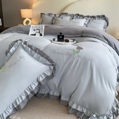 Elegance French Style Bedding Set Duvet Cover Set High Quality  2024 New Lace Princess Embroidery Double Layer Edge King Queen