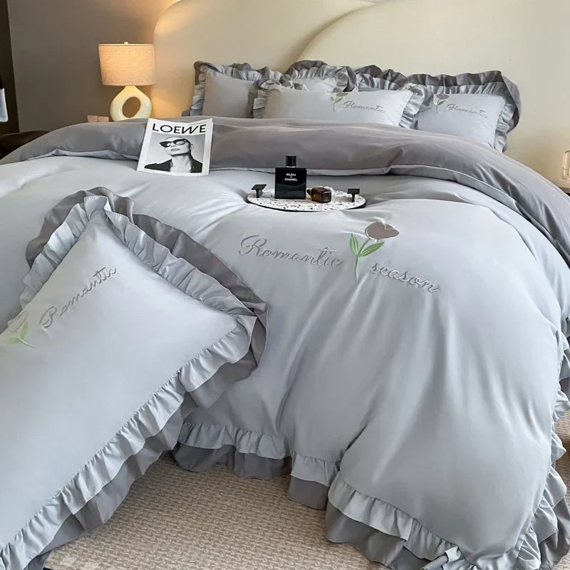 Elegance French Style Bedding Set Duvet Cover Set High Quality  2024 New Lace Princess Embroidery Double Layer Edge King Queen