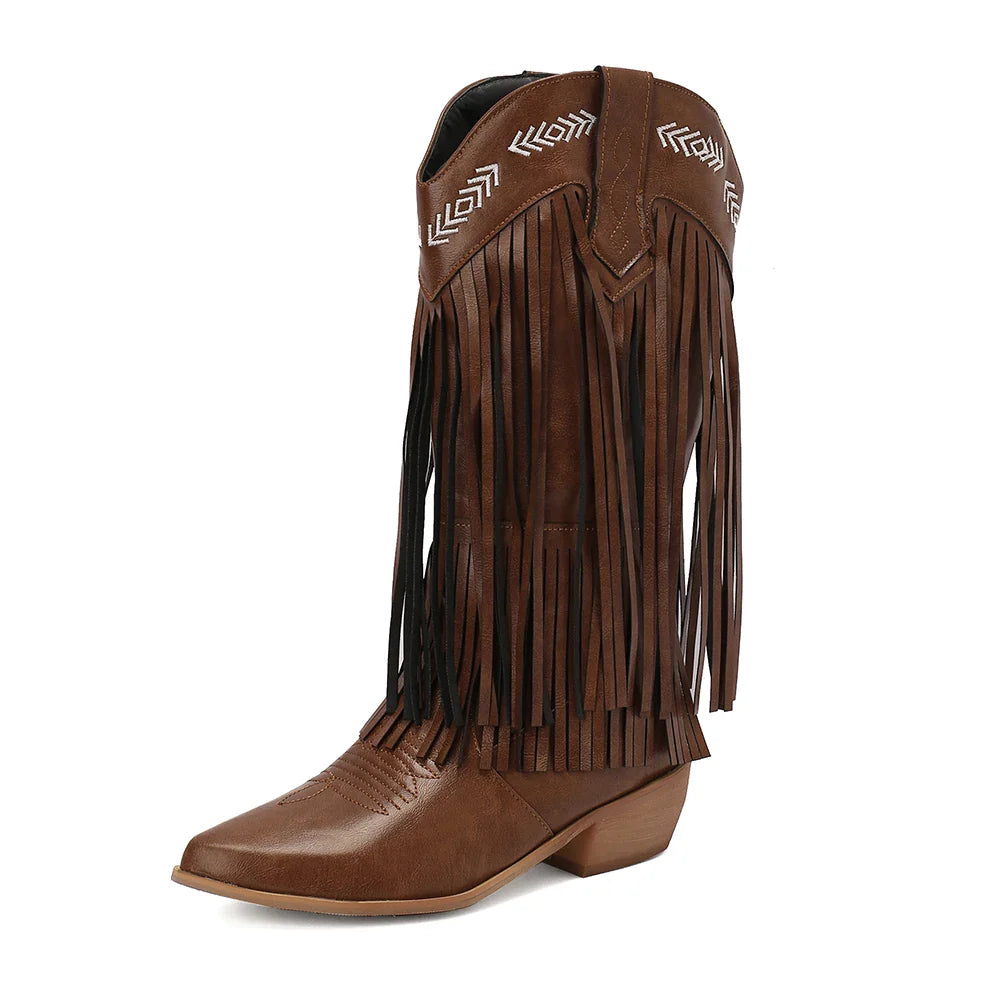 Bottes de cowboy pour femmes, brodées, à glands, talons épais, bout pointu, roses, de style western, bottes compensées sans lacets pour femme