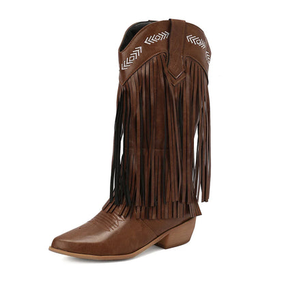 Bottes de cowboy pour femmes, brodées, à glands, talons épais, bout pointu, roses, de style western, bottes compensées sans lacets pour femme